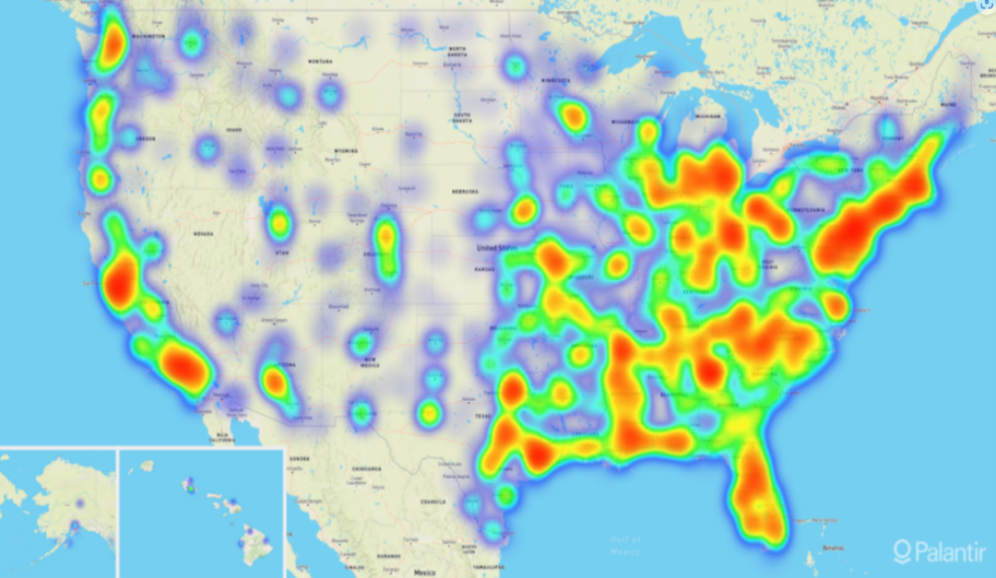 A heatmap of human trafficking activity across the United States.