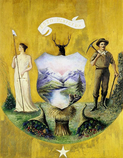 A painting of lady justice and a miner standing on either side of a shield painted with a landscape of mountains and rivers. Above the shield is the head of a deer with large antlers, and in front lay two cornucopias full of fruit and a bundle of hay.